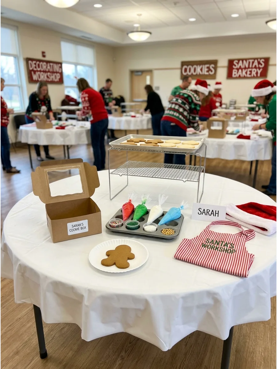Individual cookie decorating stations with red aprons and boxes.