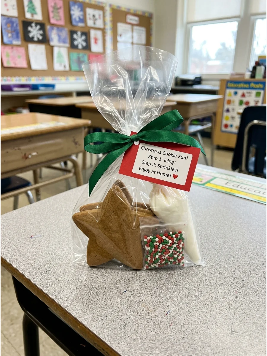 A take-home cookie decorating kit in a clear bag with a green ribbon.