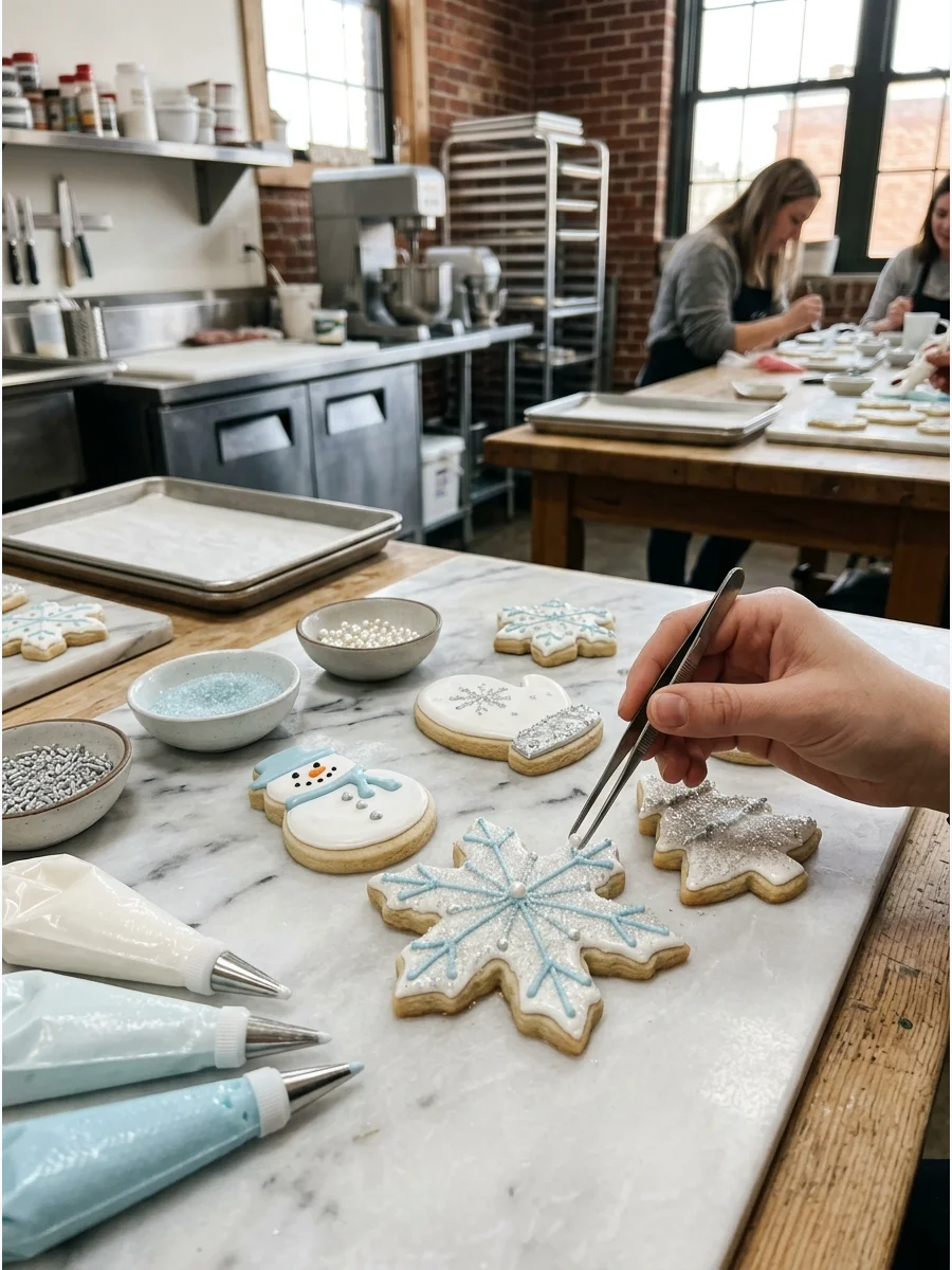 Snowflake cookies and silver pearls on a marble counter.