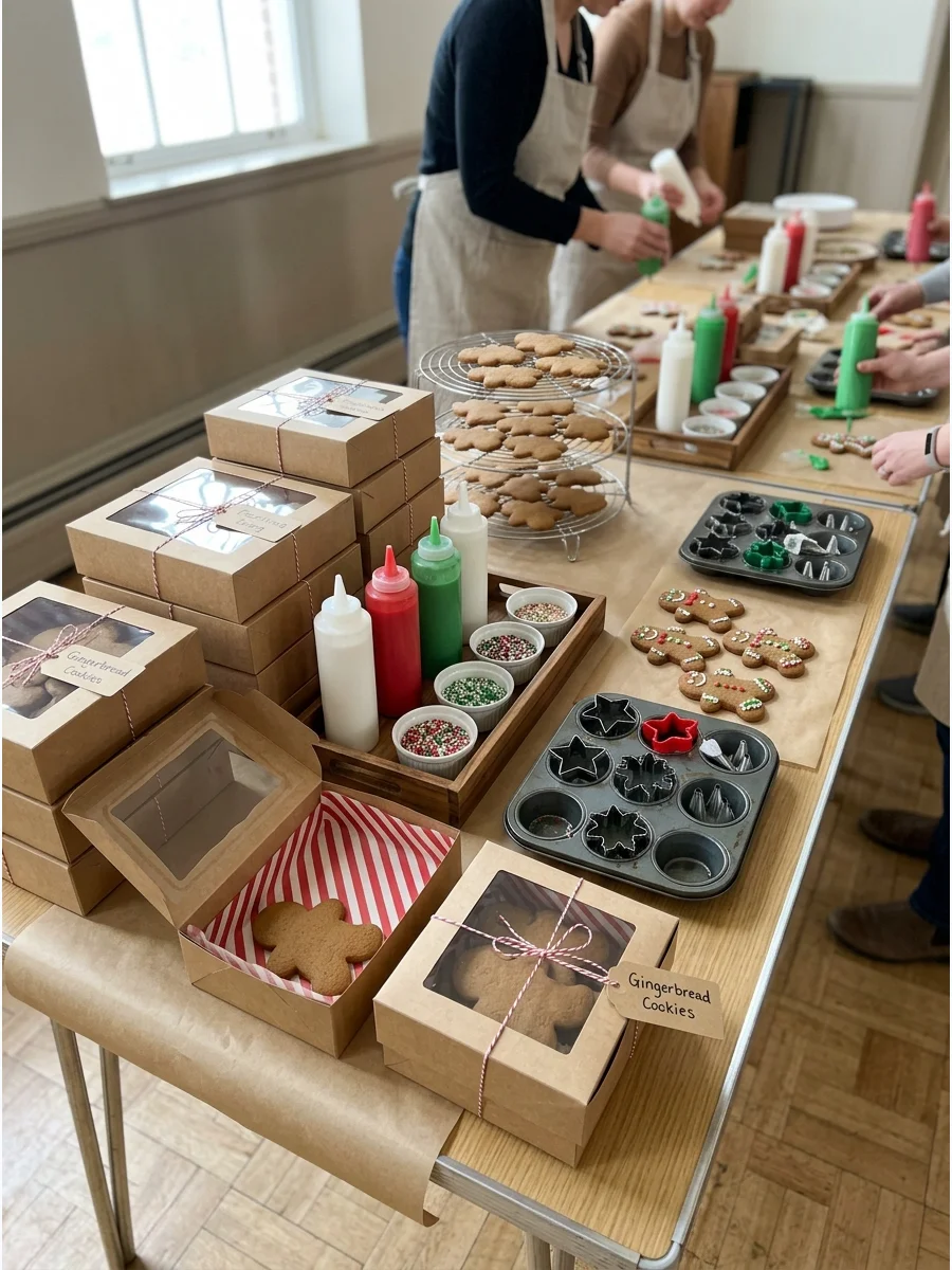 Bakery-style setup with gingerbread cookies and windowed gift boxes.