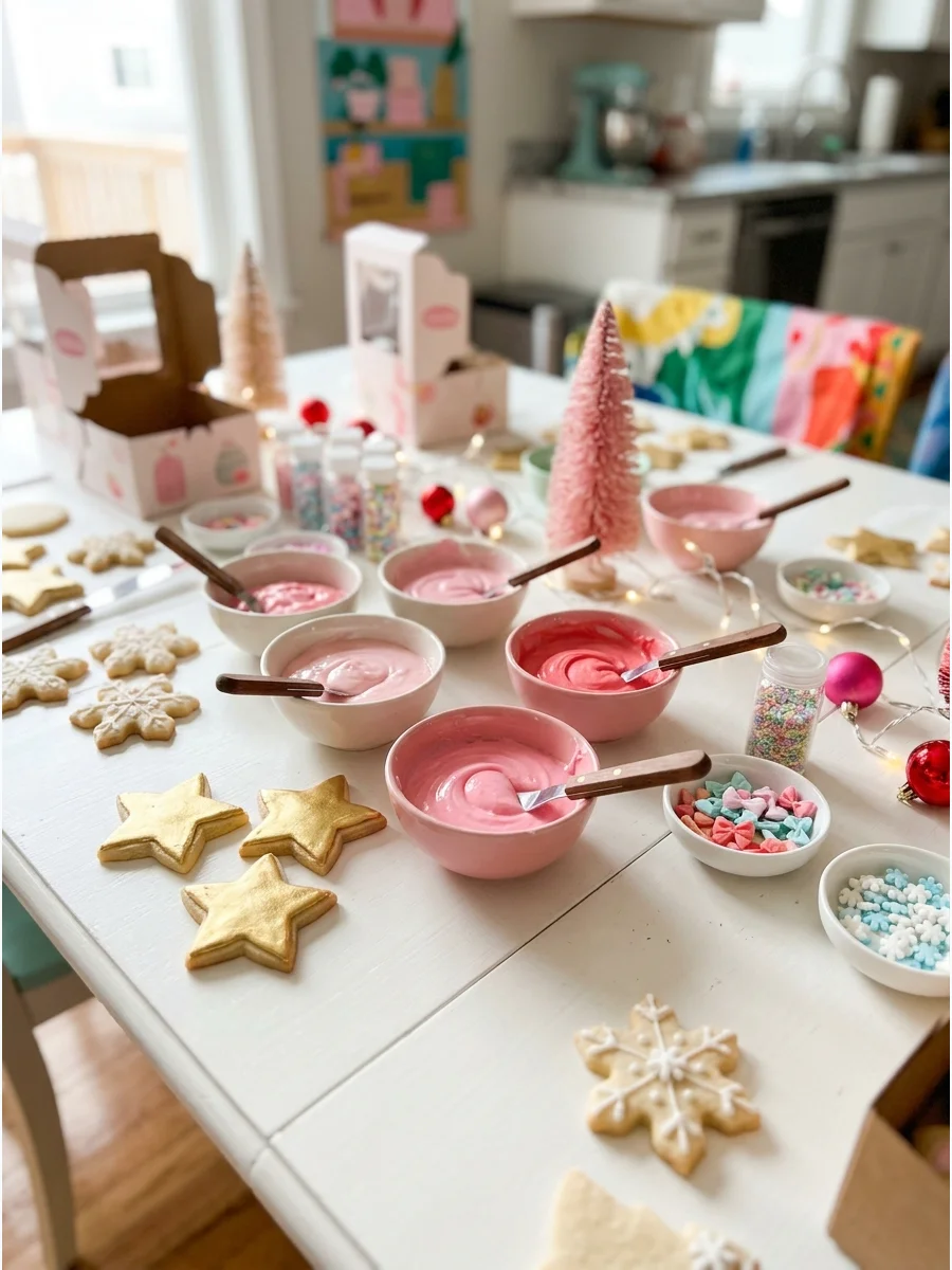 Pink icing and gold cookies on a white dining table.