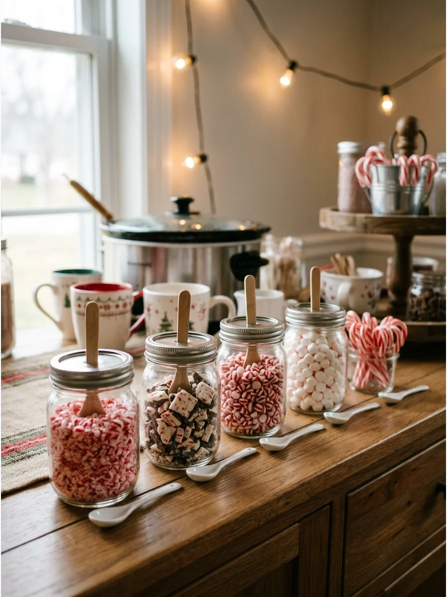 Bowls of crushed peppermint and candy canes on a wooden buffet.