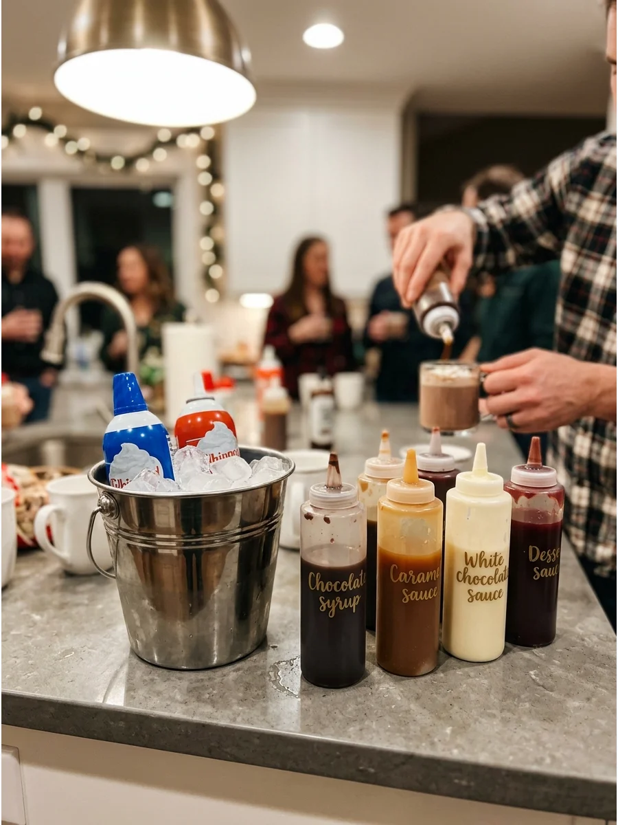 Whipped cream and syrup bottles arranged on a kitchen counter.