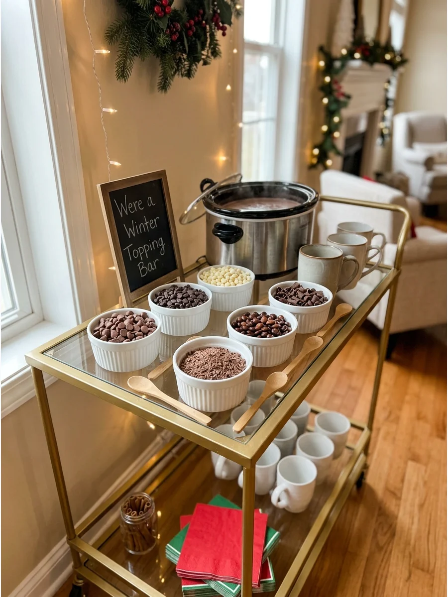 Assorted chocolate chips in small dishes on a gold bar cart.