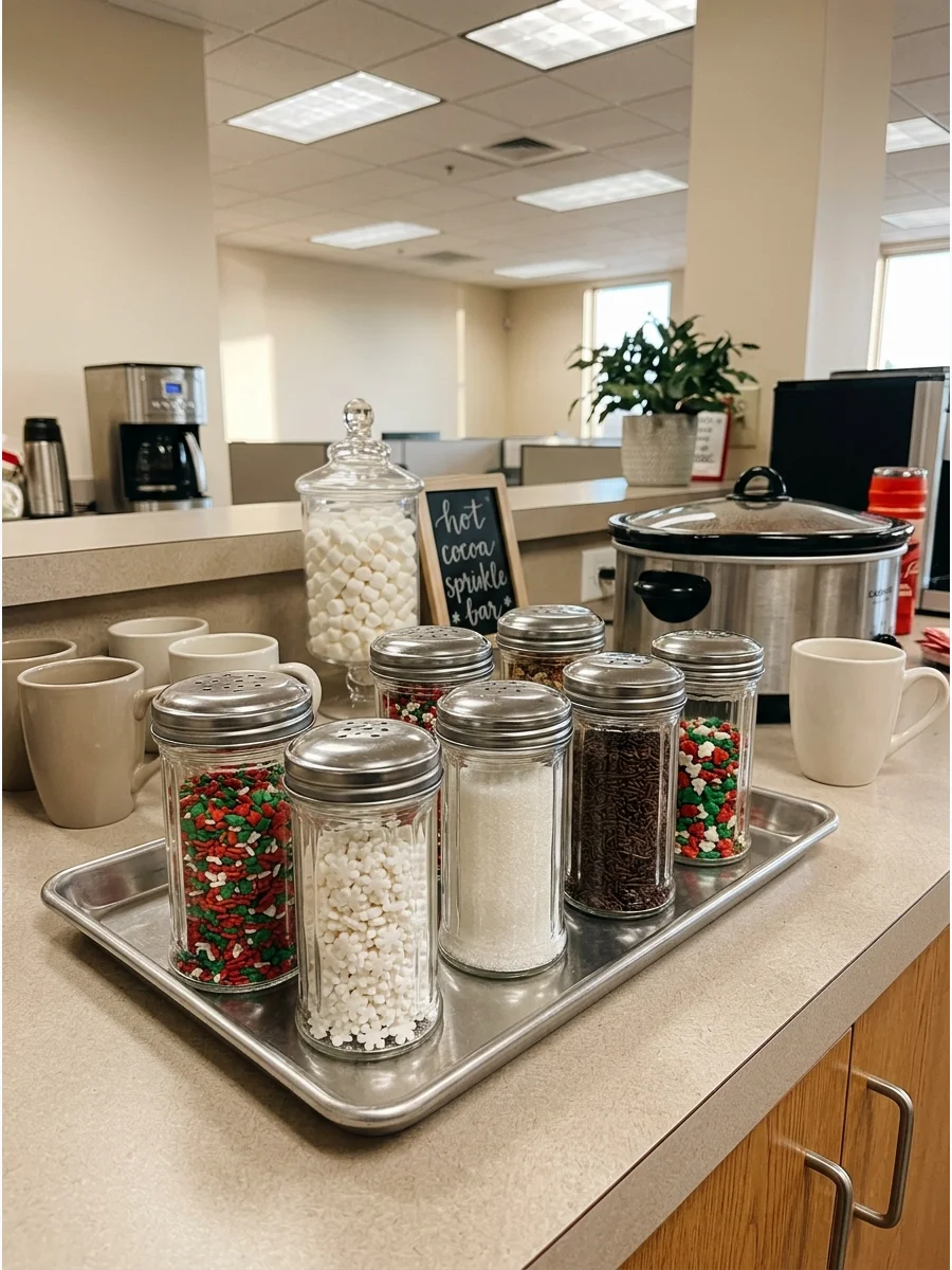 Holiday sprinkles in clear shakers on a serving tray.