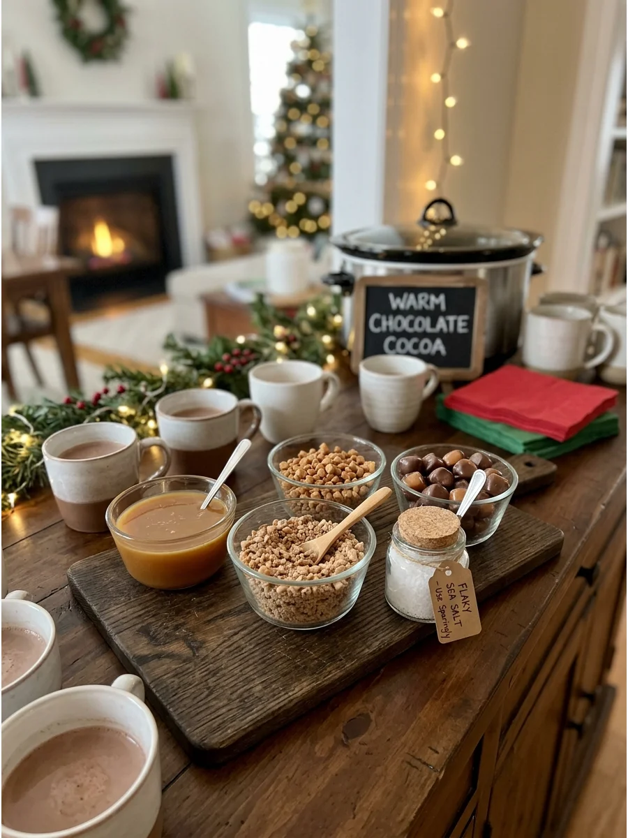 Toffee pieces and sea salt in bowls on a dining room buffet.
