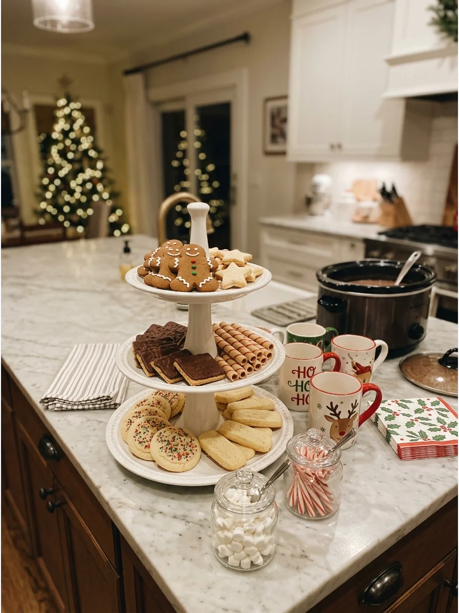 A tiered stand filled with Christmas cookies for dunking.