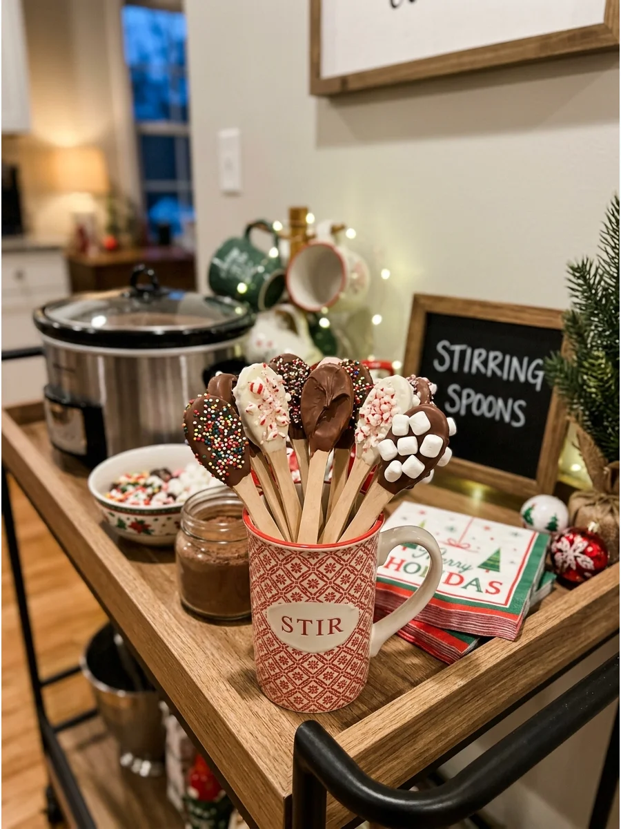 Chocolate-dipped spoons standing in a mug on a bar cart.