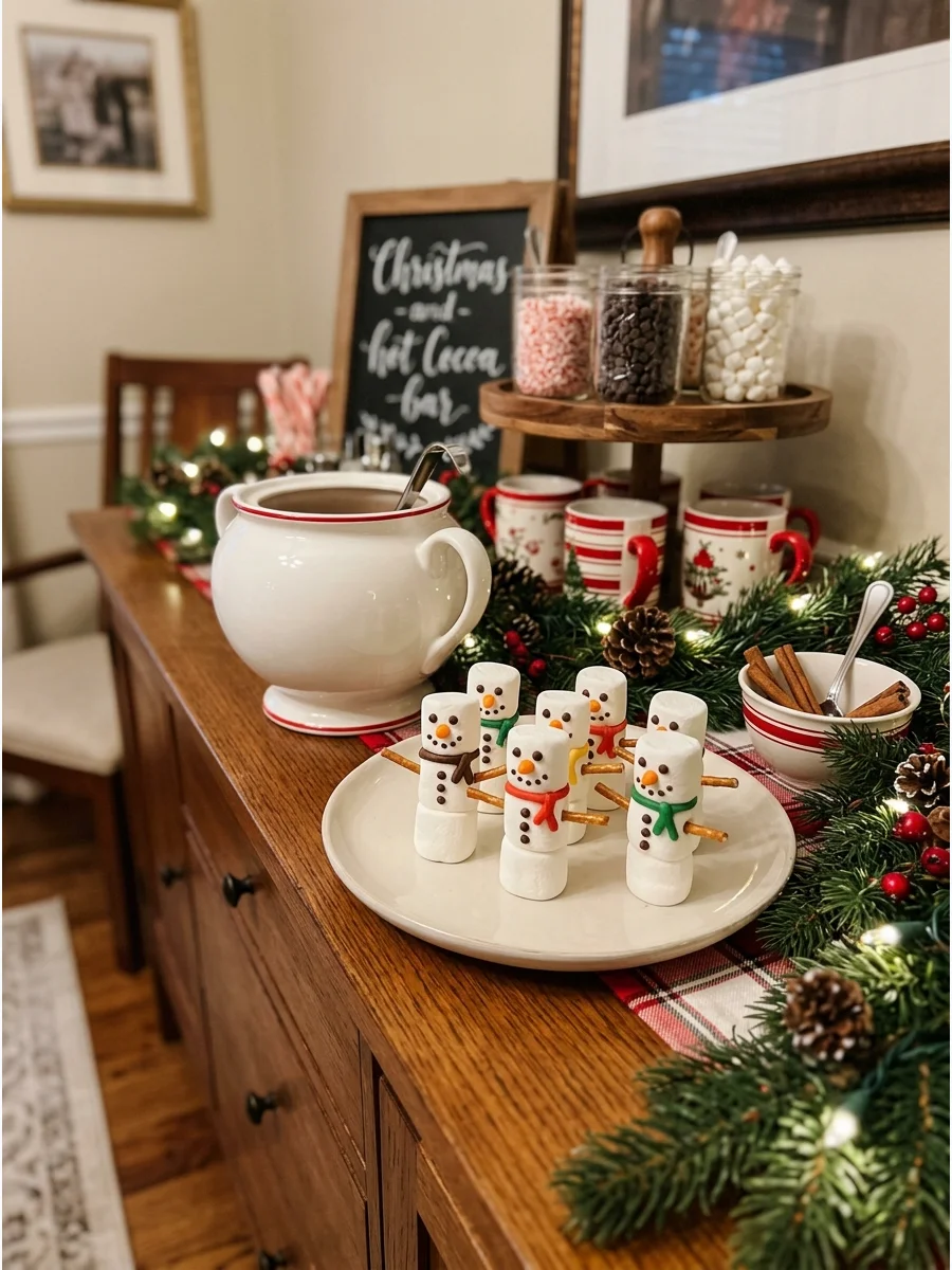 Marshmallow snowmen arranged on a plate for hot cocoa.