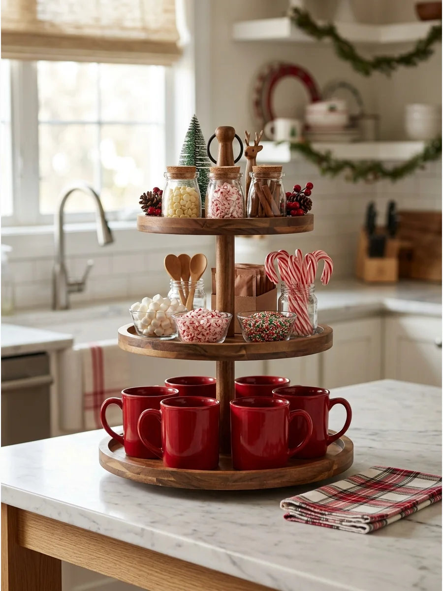 A three-tier wooden stand on a kitchen island filled with Christmas mugs and cocoa toppings.