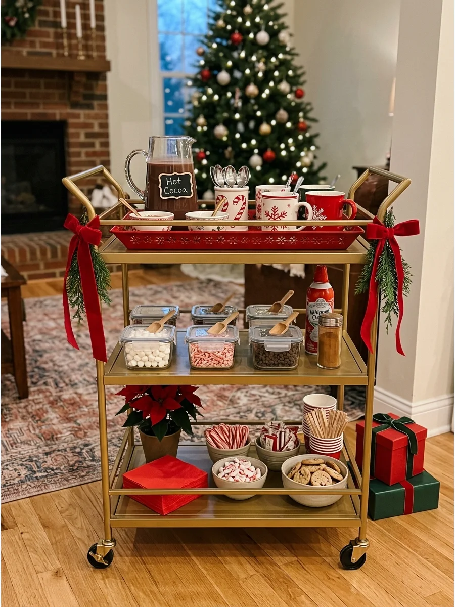 A gold bar cart styled as a hot cocoa station with festive ribbons and cocoa jars.