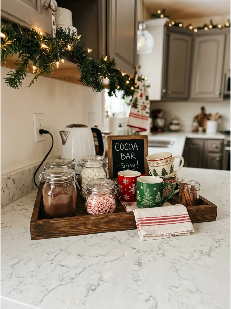 A kitchen counter cocoa station with a tray holding a kettle and various cocoa ingredients.