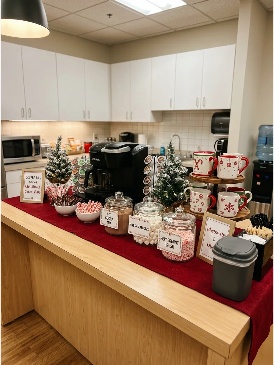 An office coffee bar transformed into a Christmas cocoa station with holiday decor.