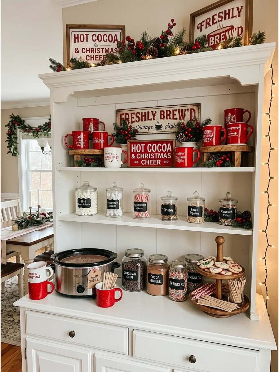 A white hutch decorated for Christmas with mugs and cocoa supplies on the shelves.