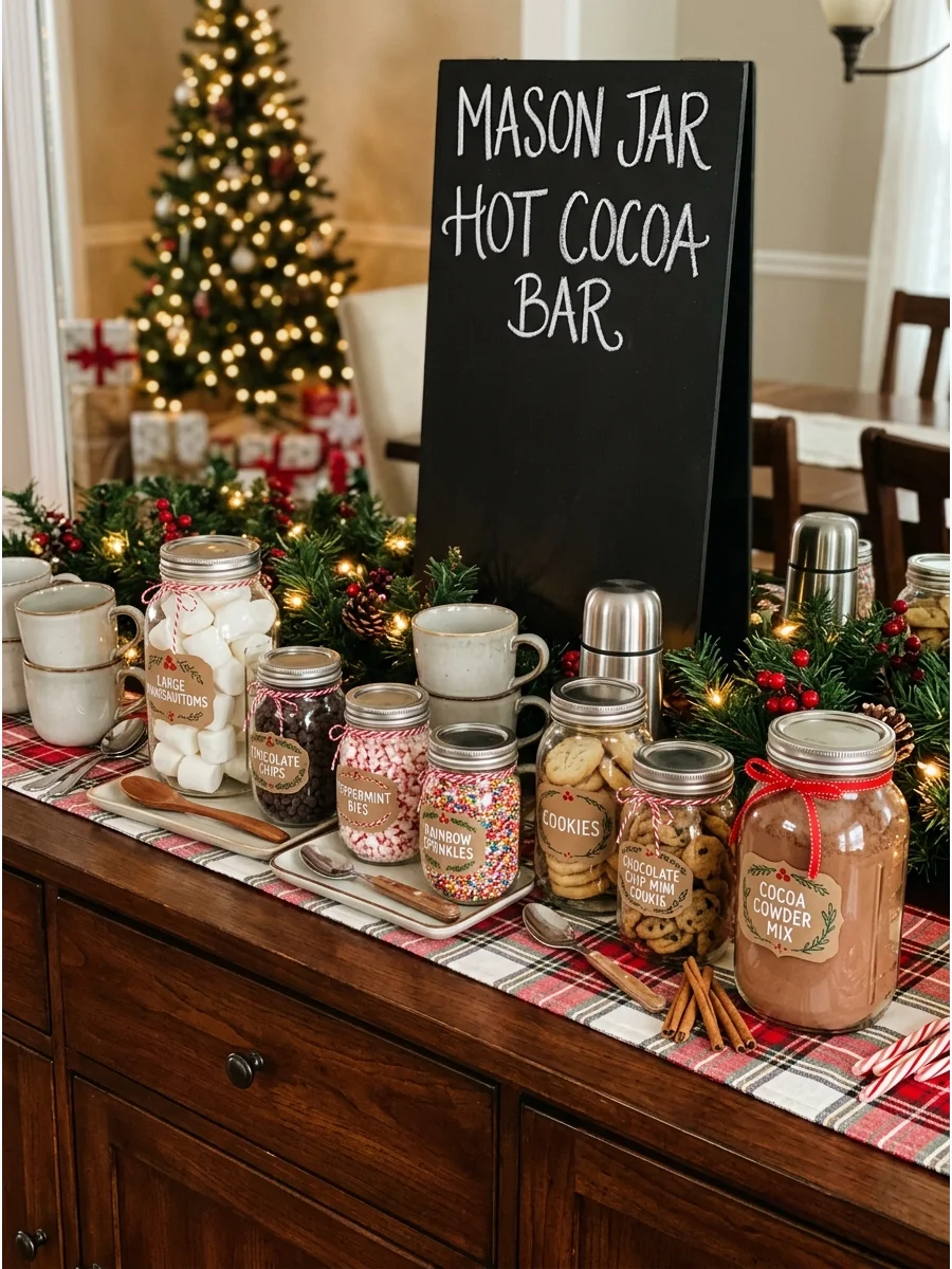 A row of mason jars with holiday ribbons filled with hot cocoa ingredients.