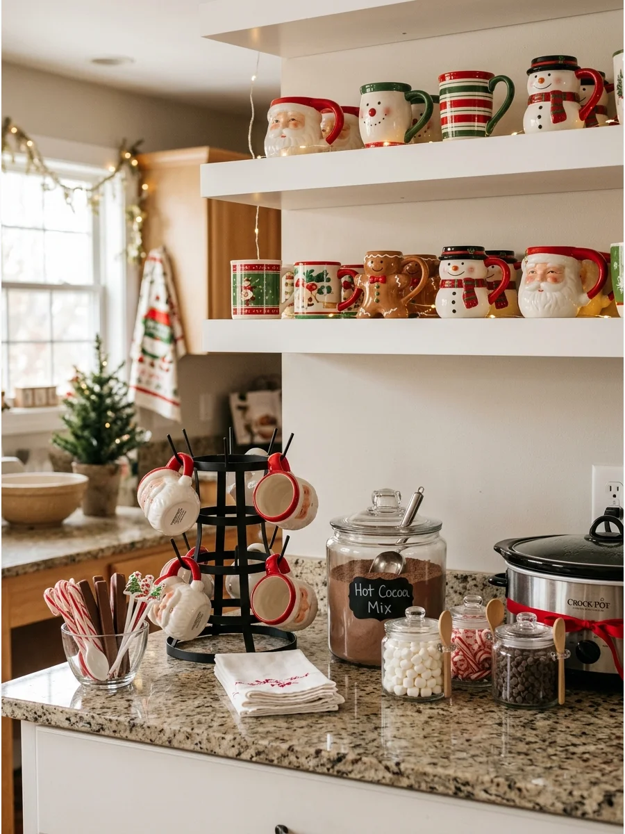A metal mug tree holding Santa mugs next to cocoa toppings on a kitchen island.