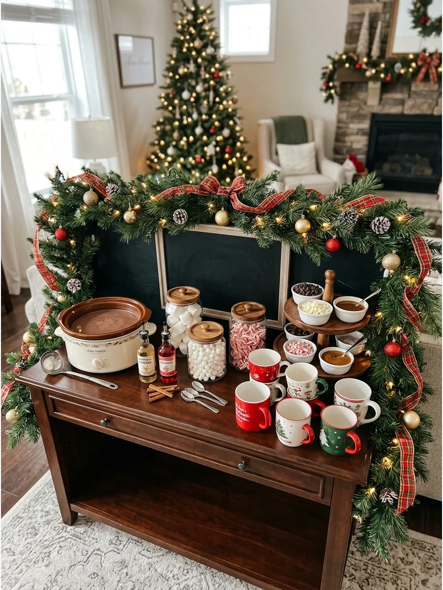 A console table cocoa bar framed by a thick evergreen garland and fairy lights.