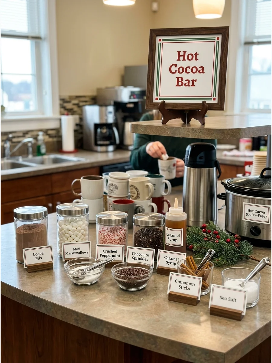 A hot cocoa bar with printed white labels on jars of toppings.