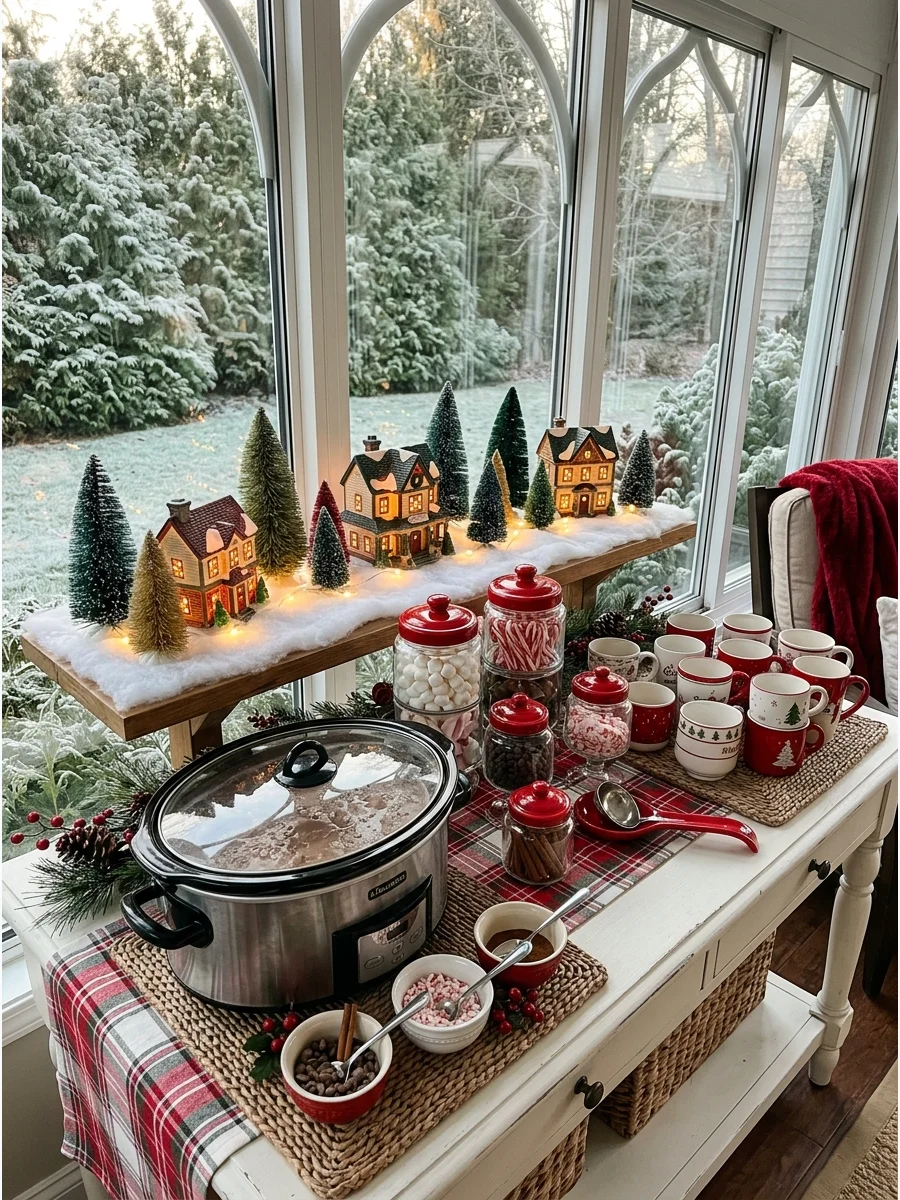 A Christmas village display behind a hot cocoa station on a sunroom table.