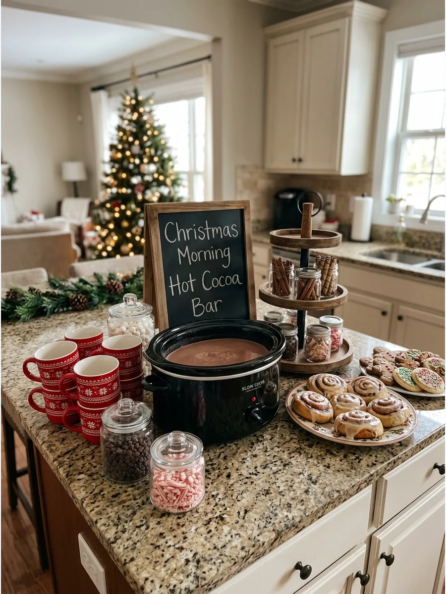 A kitchen island set up with a slow cooker and red mugs for Christmas morning cocoa.