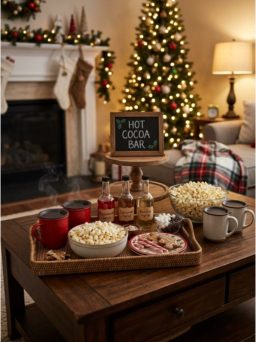 A coffee table cocoa station with syrup bottles and popcorn for a movie night.