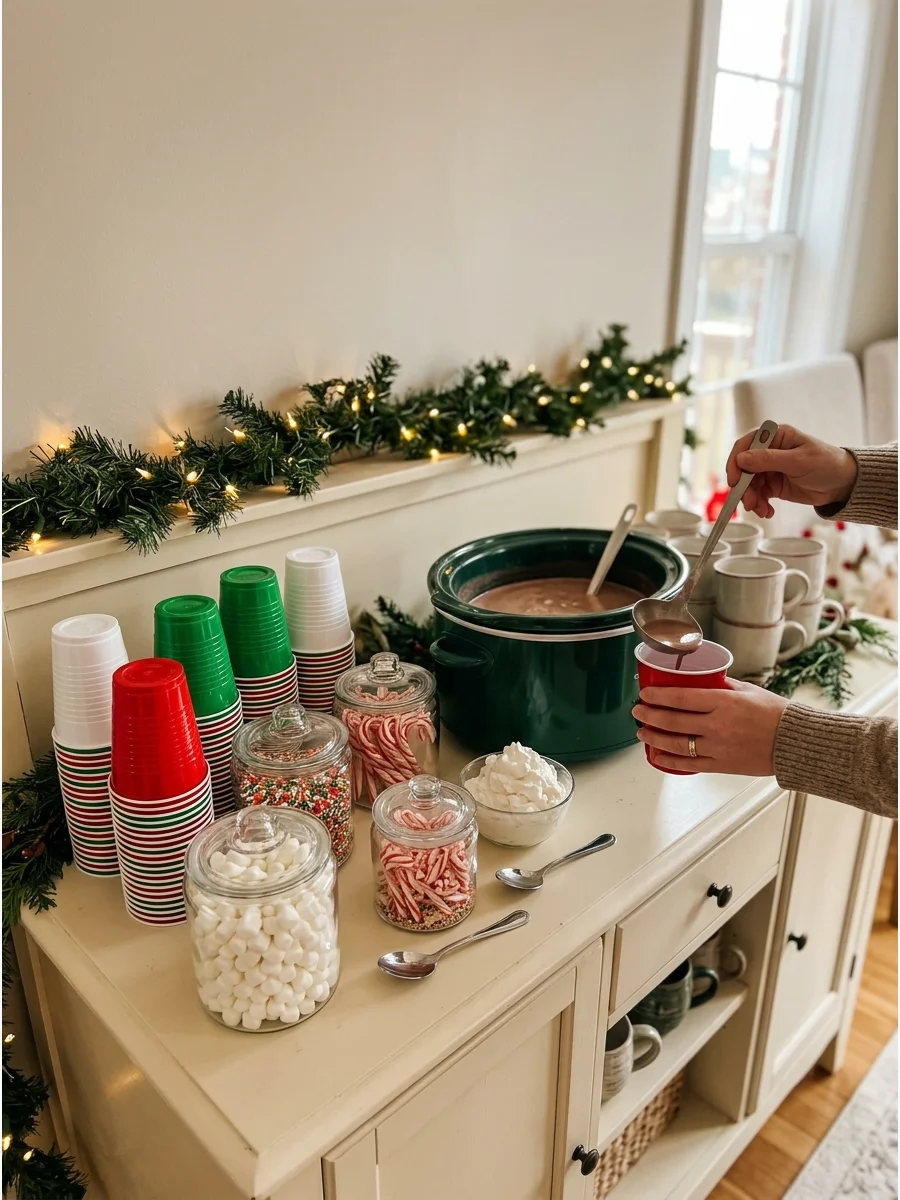 A kid-friendly cocoa station on a low sideboard with plastic cups and marshmallows.
