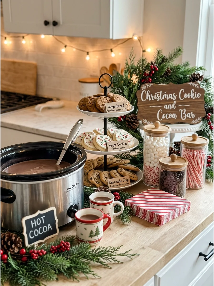 A kitchen counter with a tiered cookie stand and a hot cocoa dispenser.