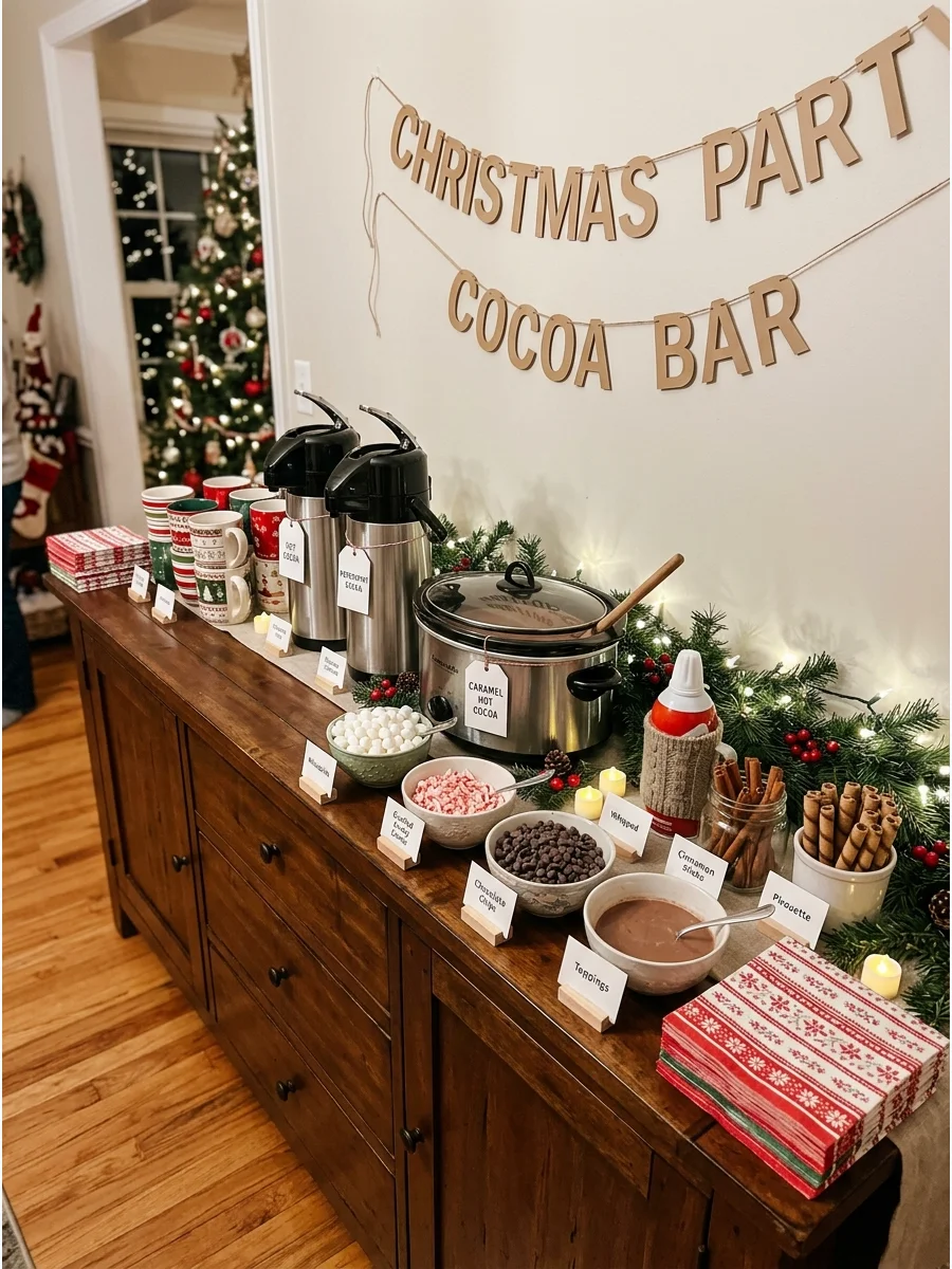 A self-serve cocoa bar on a long buffet with thermal carafes and topping bowls.