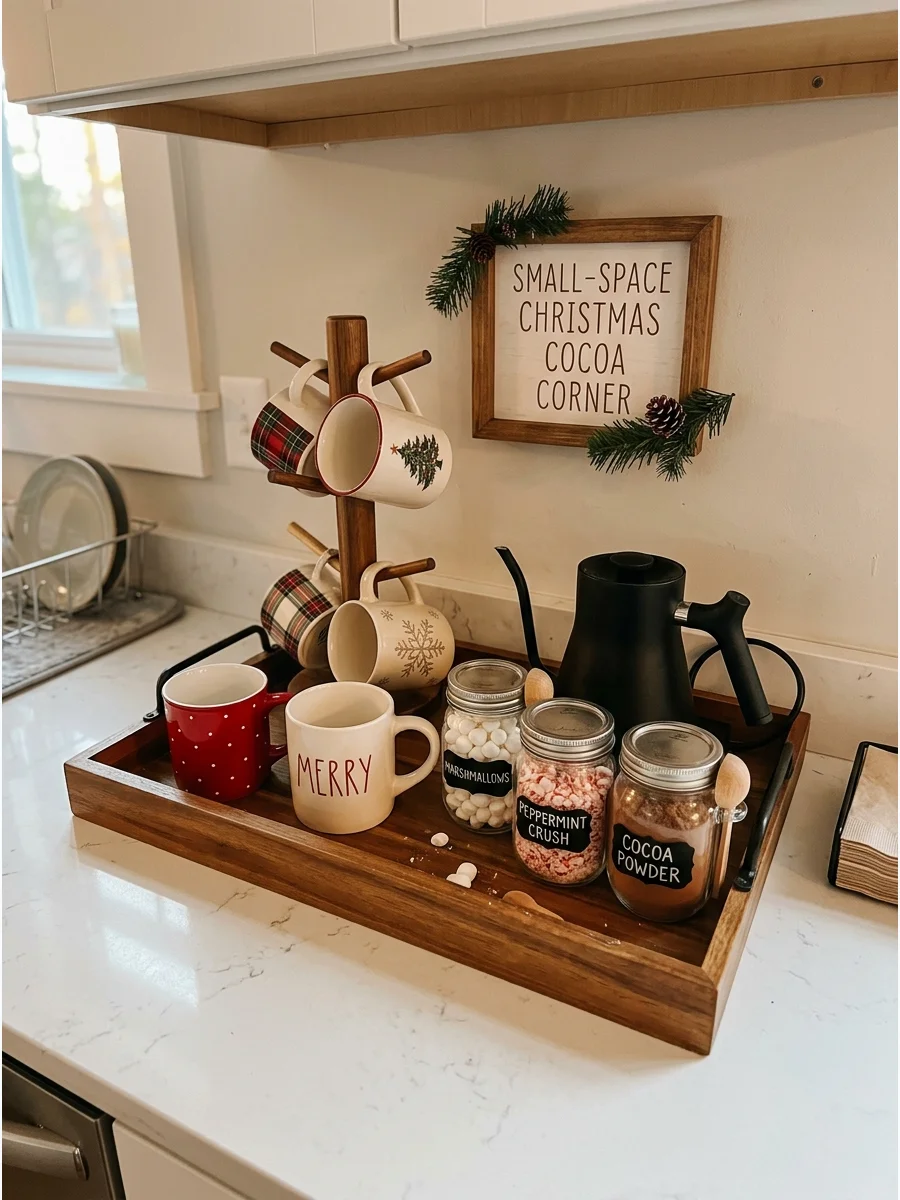 A compact cocoa station arranged on a wooden tray in a kitchen corner.