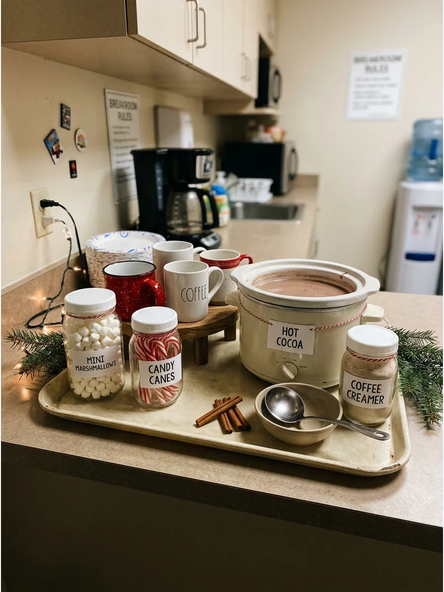 A budget-friendly cocoa station with mismatched mugs and labeled glass jars.