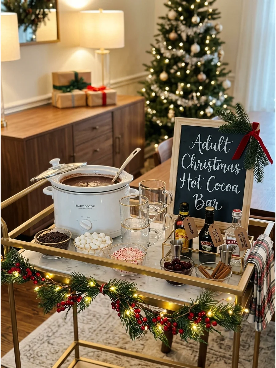 A sophisticated cocoa station on a gold bar cart with glass mugs.