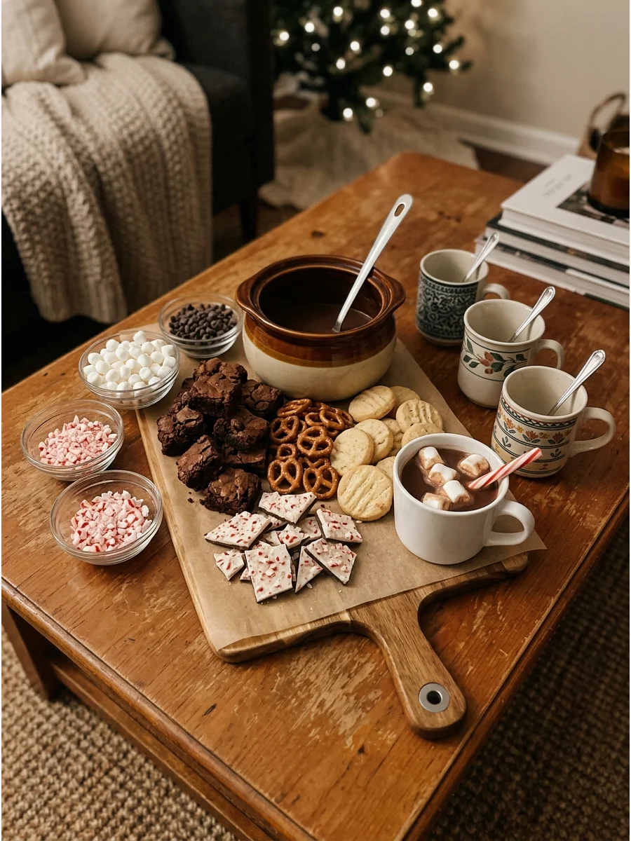 A dessert board on a coffee table with brownies, pretzels, and a pot of cocoa.