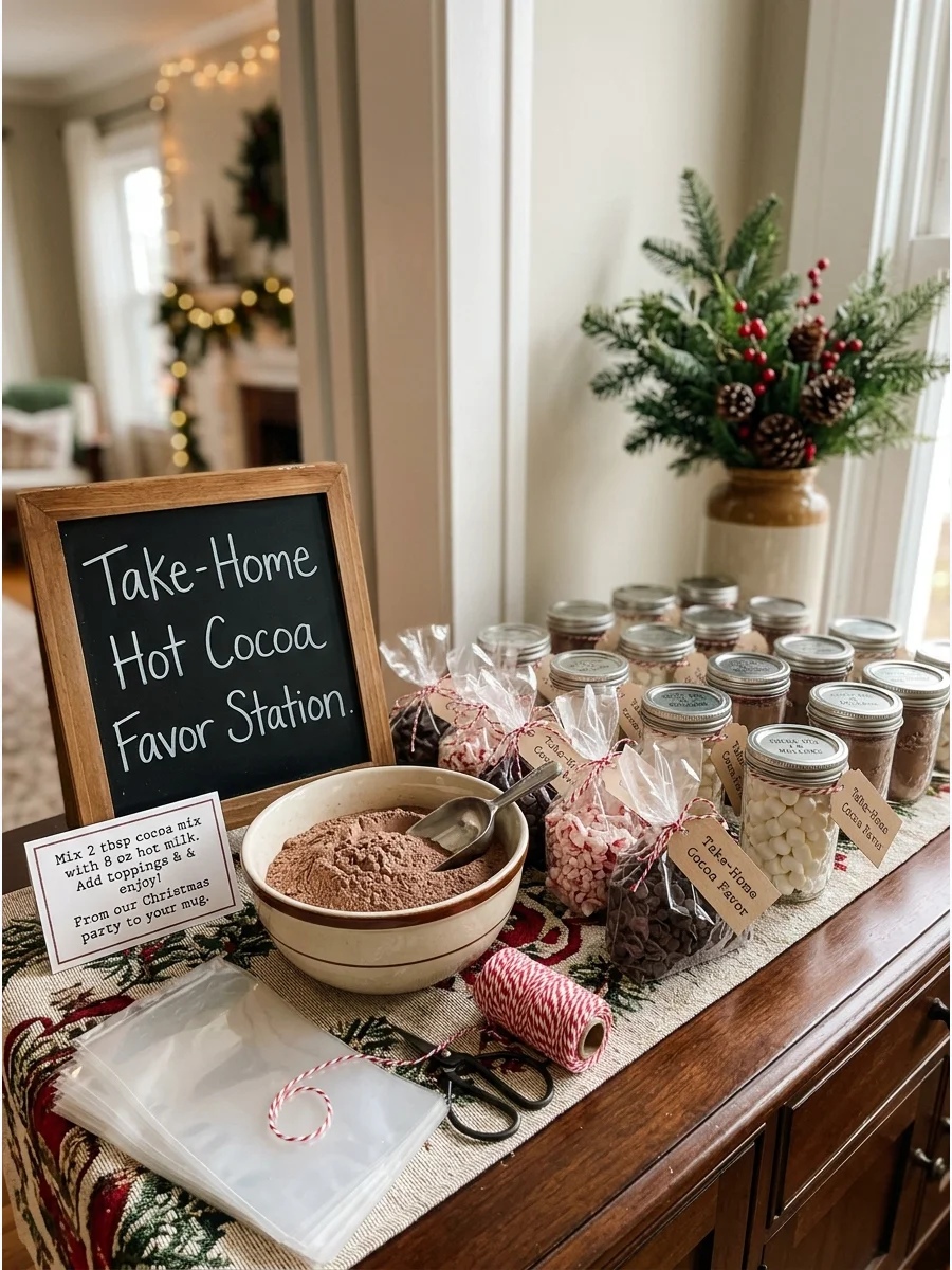 A favor station on a sideboard with cocoa mix and bags for guests to take home.