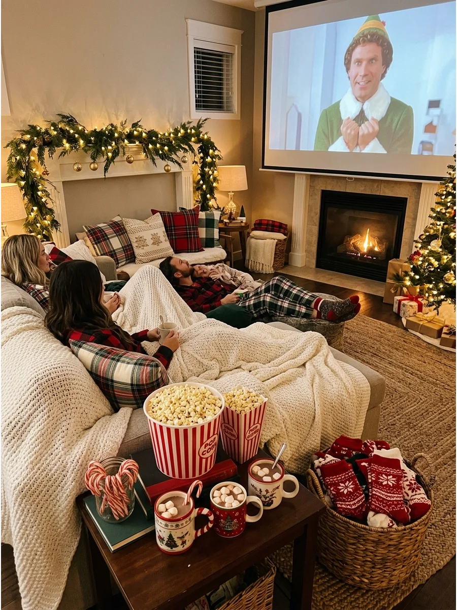 Cozy living room with white blankets and twinkle lights.