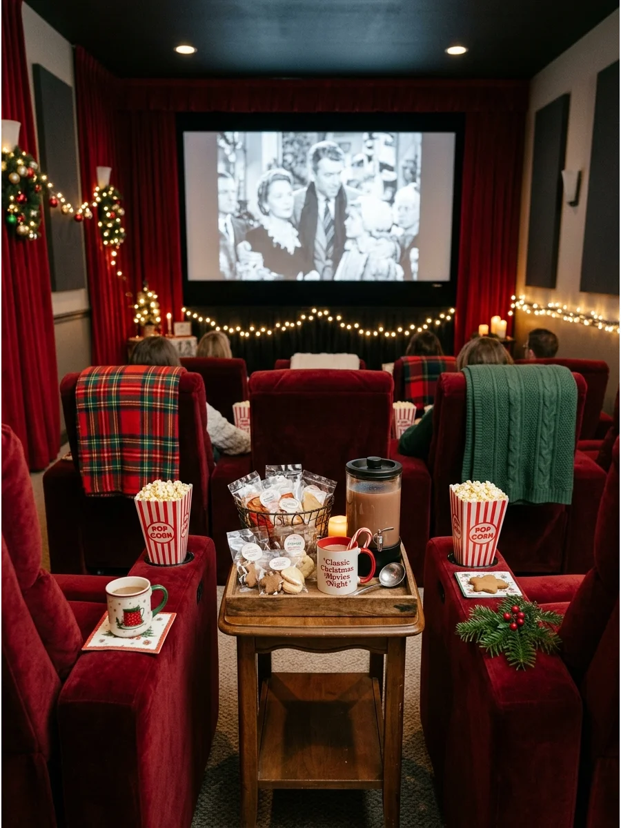 Home theater with vintage popcorn boxes and red curtains.