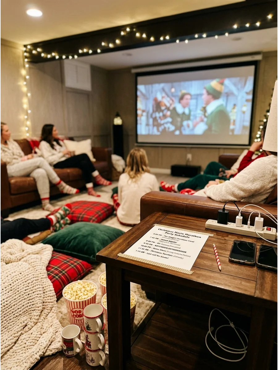 Finished basement with a movie screen and a printed schedule.
