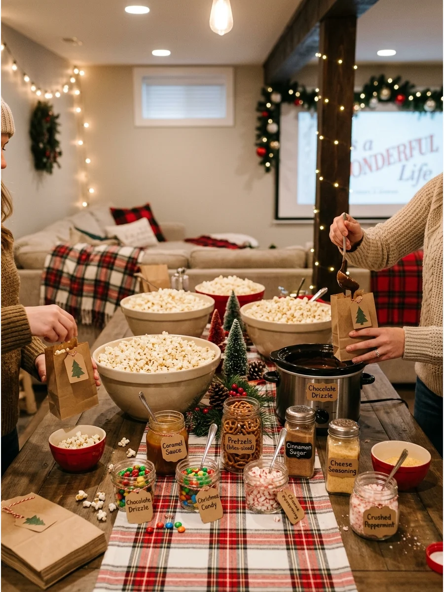 A festive popcorn bar with bowls of popcorn and various holiday toppings.
