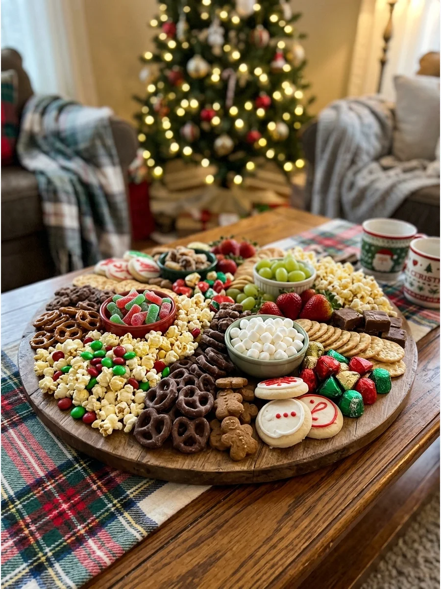 A large wooden snack board filled with holiday treats on a living room coffee table.
