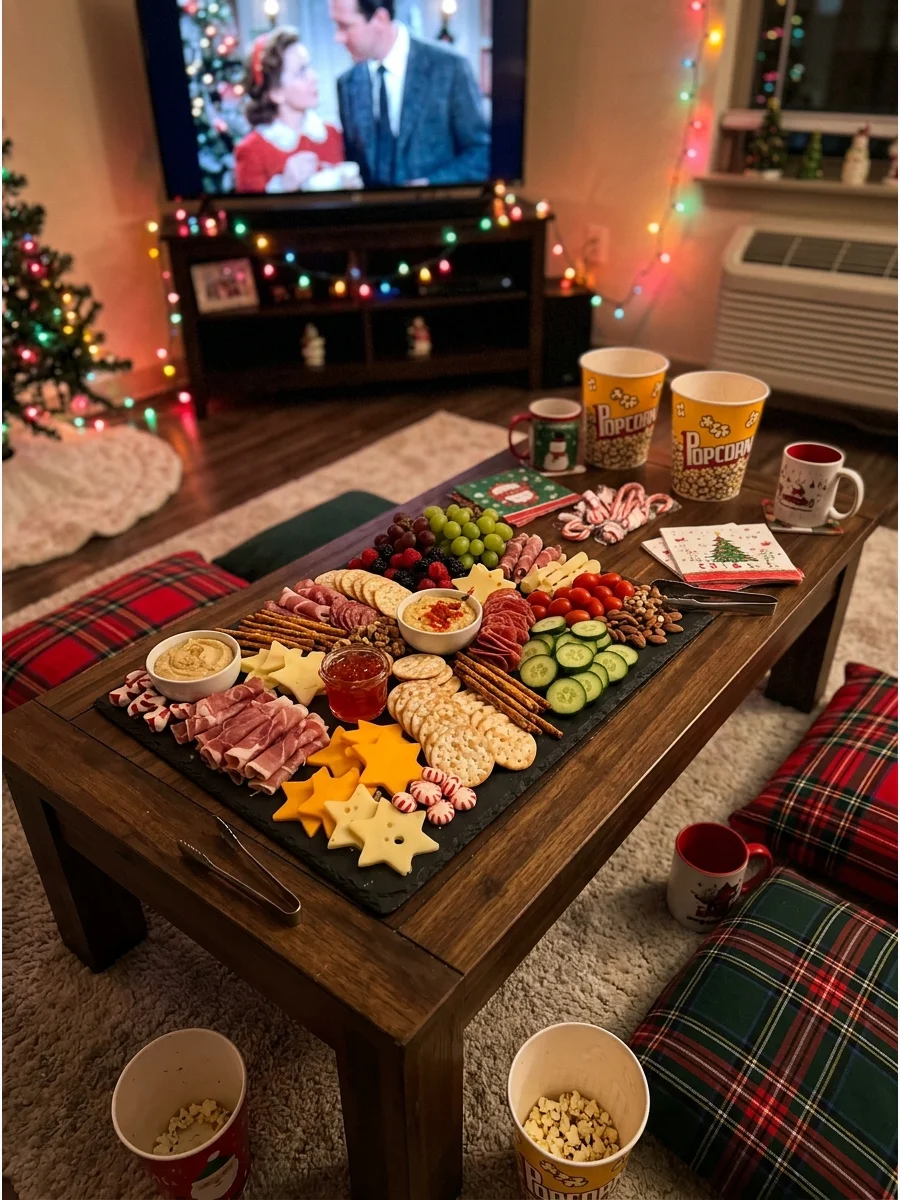 A holiday charcuterie board with meats and cheeses on a slate platter.