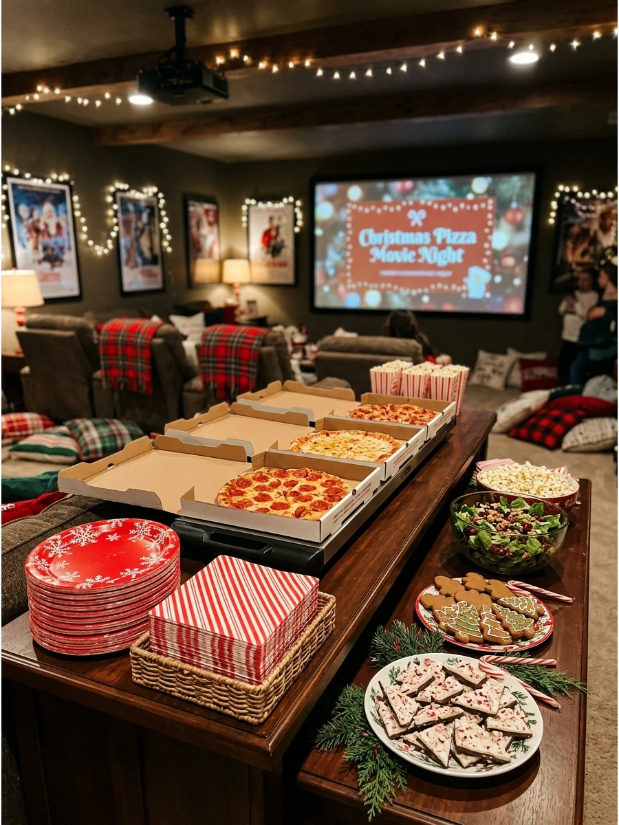 Pizza boxes and red plates arranged for a movie night meal.