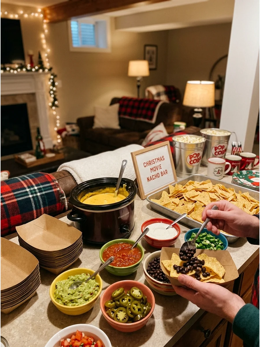 A DIY nacho bar with warm cheese and various toppings in a basement.