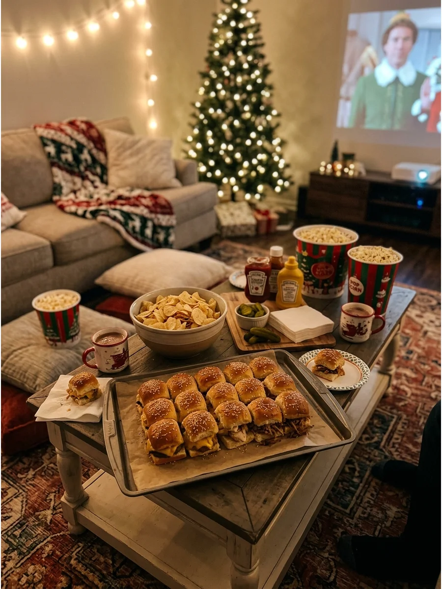 A tray of warm sliders and chips on a living room table.