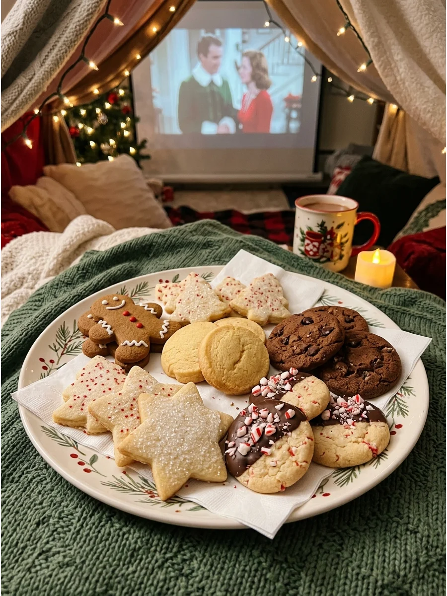 A platter of Christmas cookies placed inside a cozy blanket fort.