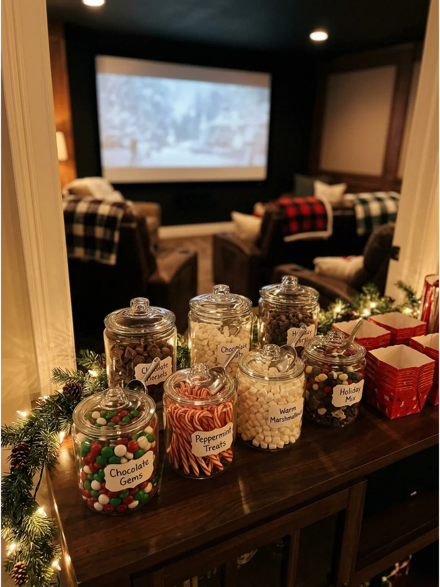 A candy bar with jars of holiday candy and small paper boxes.
