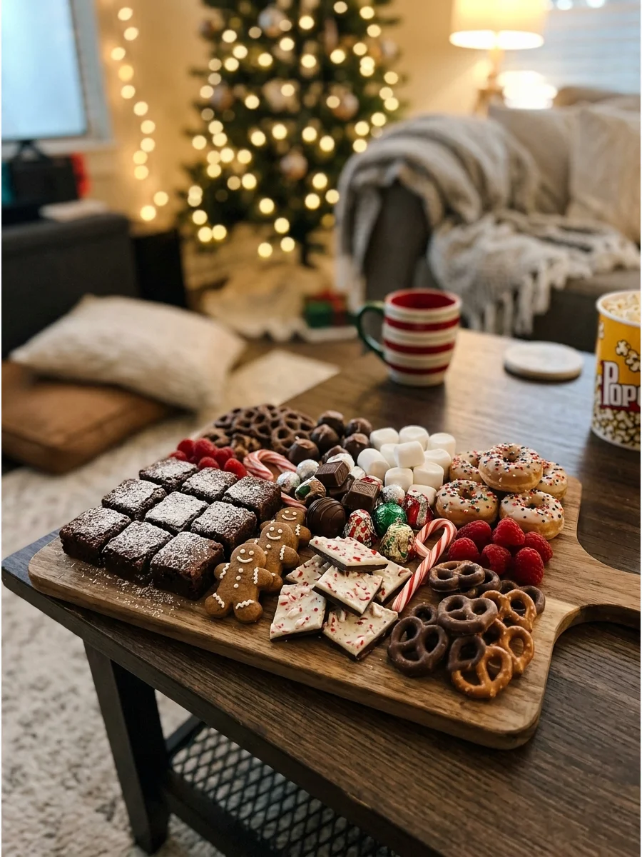 A dessert board filled with brownies, candy canes, and sweets.
