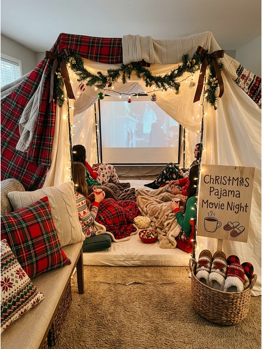Indoor blanket fort with pillows and guests in pajamas.