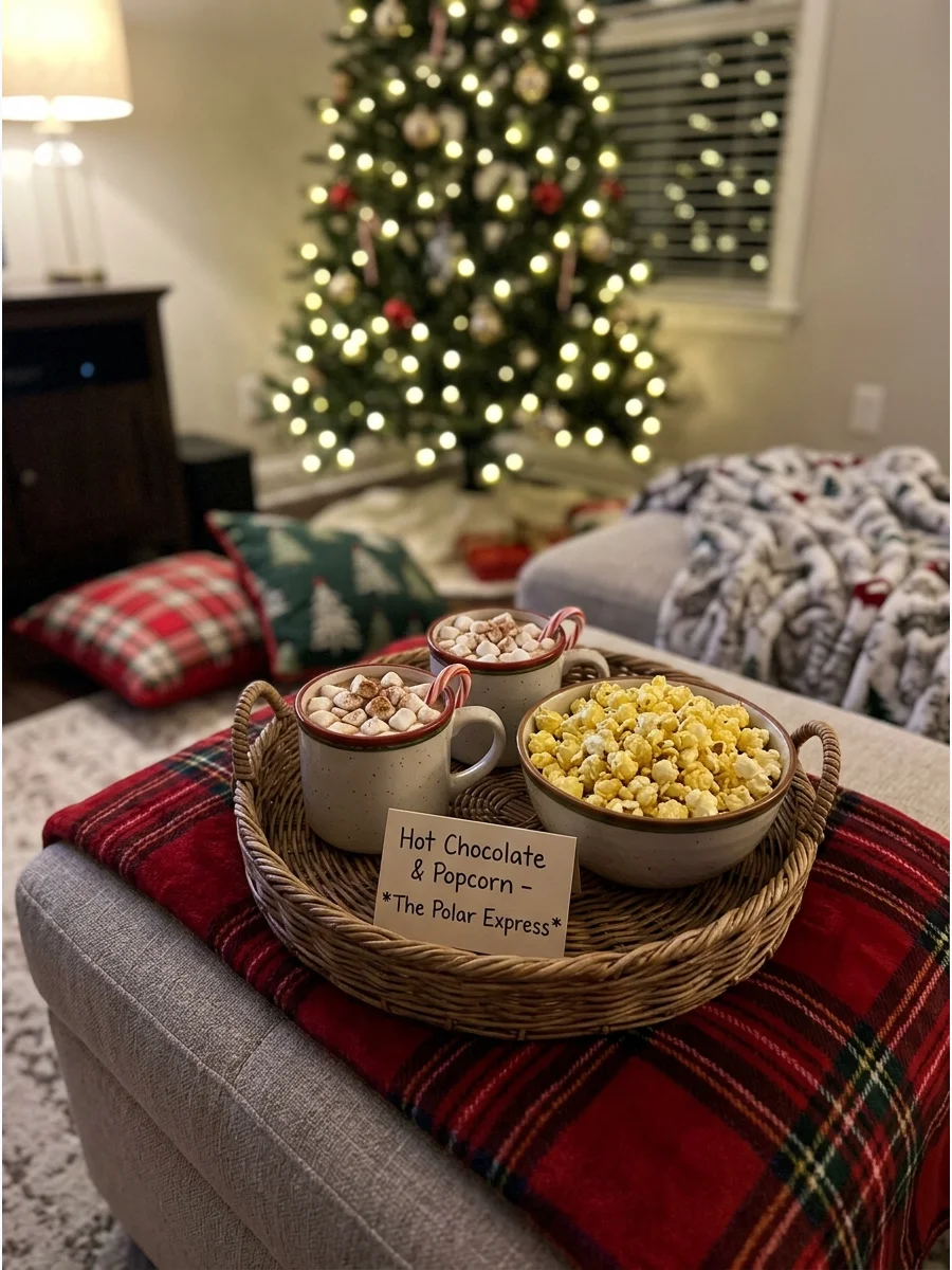 Hot cocoa and popcorn served in a living room with a Christmas tree.