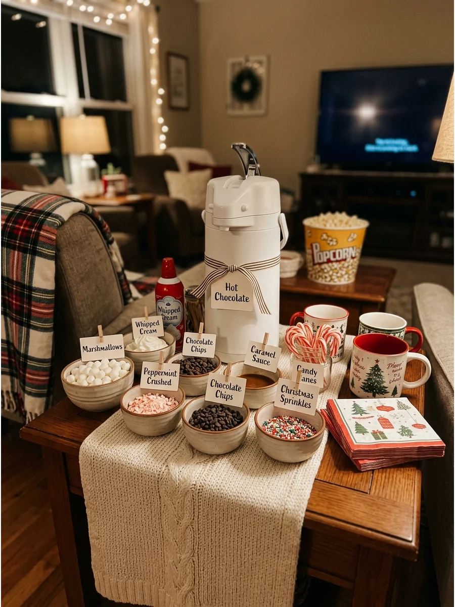 A hot cocoa bar on a side table with marshmallows and chocolate chips.