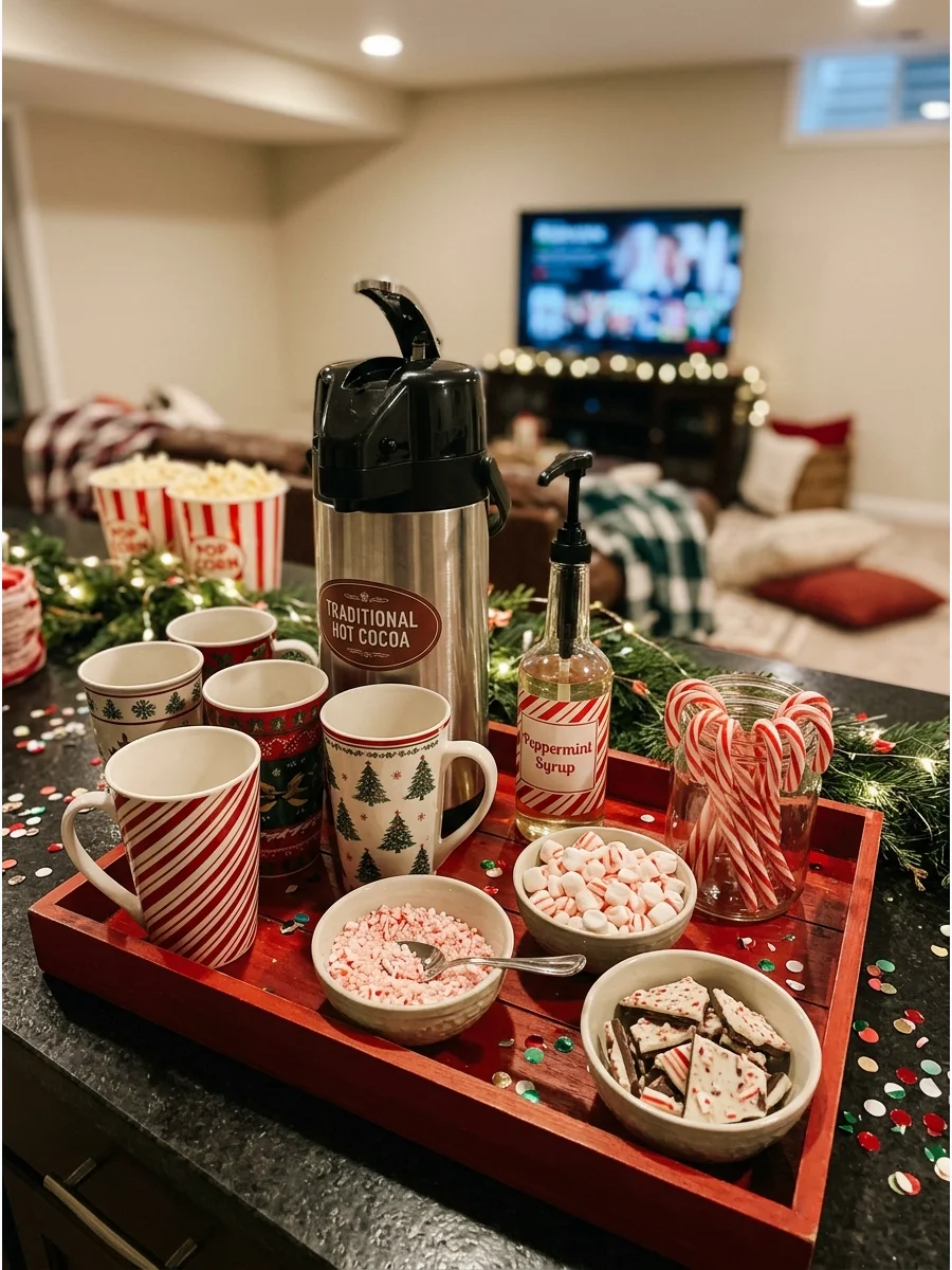 A peppermint chocolate station with syrup and candy canes.