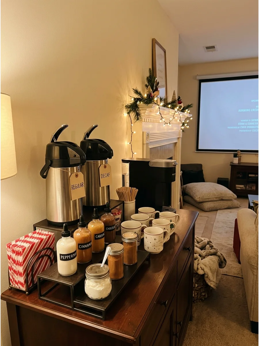 A coffee station with flavored creamers and a coffee maker.